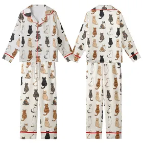 Cat Lovers' Seamless Illustrative Cats Pattern Warm Brown Tan Grey Black White Calico Tortoiseshell Bow Ties Cream Kid Satin Pajamas Set