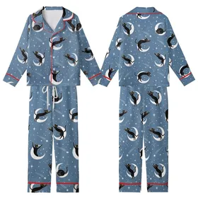 Cat Lovers' Whimsical Muted Blue Black Cat Playful Starry Moon Seamless Pattern Kid Satin Pajamas Set