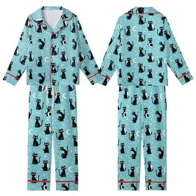 Cat Lovers' Playful Black Cats White Crescent Moons Twinkle Stars Light Aqua Whimsical Pattern Kid Satin Pajamas Set