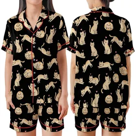 Cat Lovers' Whimsical Black Seamless Pattern with White & Orange-Tan Flat Cartoon Cats & Pink Accents Satin Short-Sleeve Pajamas Set