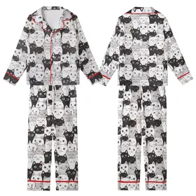 Cat Lovers' Whimsical Black White Gray Pink Cartoon Cat Faces Curious Smiling Sleepy Pattern Kid Satin Pajamas Set