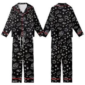 Cozy Lifestyle Lovers Rustic Black White Hand-Drawn Coffee Book Paw Print Pattern Kid Satin Pajamas Set