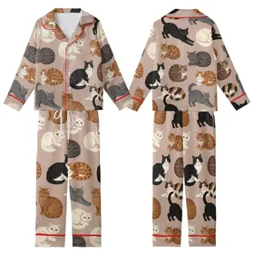 Cat Lovers' Whimsical Diverse Cat Pattern with Painterly Calico Tuxedo Tabby Felines on Blush Beige Kid Satin Pajamas Set