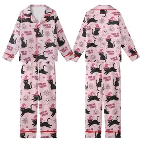 Halloween Cat Lovers' Whimsical Light Pink Black Cat Bright Pink Witch Hat All-Over Pattern with Jack-O'-Lanterns and Ghosts Kid Satin Pajamas Set