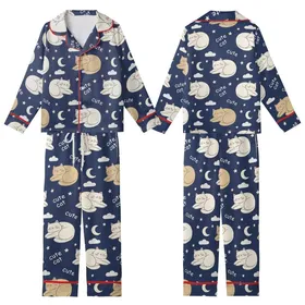Cat Lovers' Whimsical Hand-Drawn Sleepy Cartoon Cats Navy Blue Off-White Tan Pink Pattern with Moons Stars Kid Satin Pajamas Set