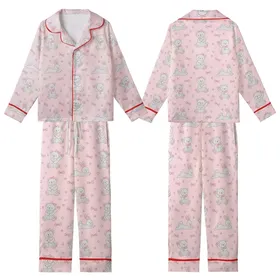 Whimsical Hearts' Charming Hand-Drawn Pastel Pink Scattered Teddy Bear Bunny Whimsical Bow Star Pattern Kid Satin Pajamas Set