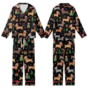Dog Owners' Cute Cartoon Black Christmas Dog Pattern with Festive Santa Hats & Candy Canes Kid Satin Pajamas Set
