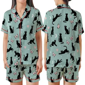 Cat Lovers' Whimsical Dreamy Light Teal Scattered Black Cat Pale Pink Butterfly Heart Star Pattern Satin Short-Sleeve Pajamas Set