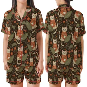 Vintage Style Cat Lovers' Seamless Vintage Botanical Tabby Cat & Autumn Floral Pattern in Muted Olive, Burnt Orange, Dark Brown Satin Short-Sleeve Pajamas Set