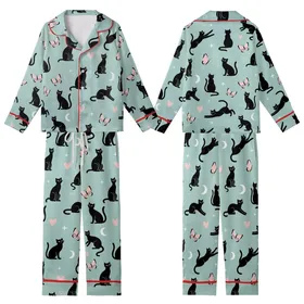 Cat Lovers' Whimsical Dreamy Light Teal Scattered Black Cat Pale Pink Butterfly Heart Star Pattern Kid Satin Pajamas Set