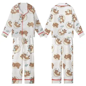 Whimsical Art Lovers' Warm Brown Sleepy Bear Celestial Moon Star Pastel Blue White Print Kid Satin Pajamas Set