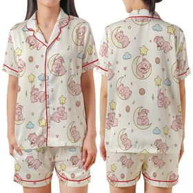 Kawaii Aesthetic Lovers Seamless Pastel Pink Bear Dreamland Pattern with Stars, Moons & Hot Cocoa on Creamy Off-White Satin Short-Sleeve Pajamas Set