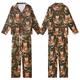 Vintage Style Cat Lovers' Seamless Vintage Botanical Tabby Cat & Autumn Floral Pattern in Muted Olive, Burnt Orange, Dark Brown Kid Satin Pajamas Set