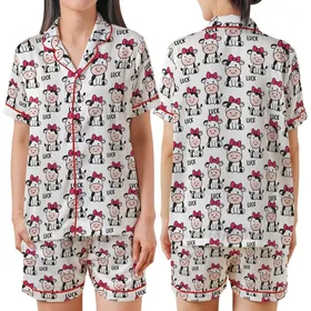 Women's Cute Simplified Cartoon Cow All-Over Pattern Pink Bows Lucky Black Text White Background Satin Short-Sleeve Pajamas Set