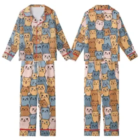 Cat Lovers' All-Over Seamless Cute Expressive Cartoon Cats Pattern, Flat Vector Art, Peach, Blue, Caramel, Pink on White Kid Satin Pajamas Set