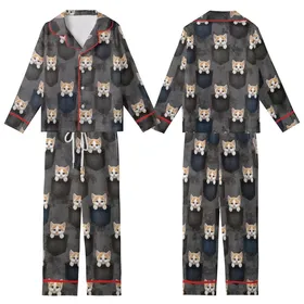 Kitten Lovers' Photorealistic White Ginger Kittens Blue Eyes Dark Denim Pockets Pattern Kid Satin Pajamas Set