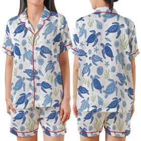 Ocean Lovers' Cerulean Blue Sea Turtle Hand-Drawn Marine Life Chartreuse Green Seamless Pattern Satin Short-Sleeve Pajamas Set