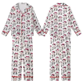 Women's Cute Simplified Cartoon Cow All-Over Pattern Pink Bows Lucky Black Text White Background Kid Satin Pajamas Set