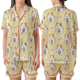 Cat Lovers' Kawaii Calico Cat Boba Tea Pastel Yellow Polka Dot Pattern with Taupe Paw Prints Light Orange Hearts Satin Short-Sleeve Pajamas Set