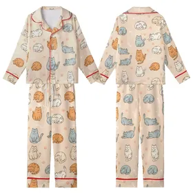Cat Lovers' Whimsical Plump Cartoon Cats Seamless Pattern in Pastel Grey-Blue Ginger Cream, Pale Peach Background, Paw Prints & Fish Bones Kid Satin Pajamas Set