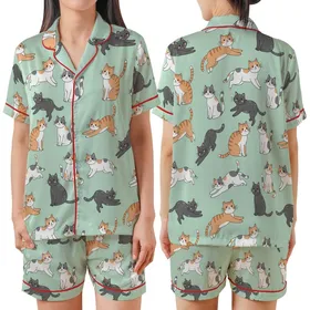 Cat Lovers' Playful Hand-Drawn Cartoon Cats Light Mint Green Pattern with White, Tabby, Calico, Charcoal Felines Satin Short-Sleeve Pajamas Set