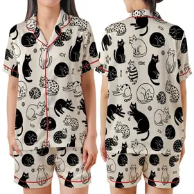 Cat Lovers' Whimsical Hand-Drawn Black and White Feline Pattern with Playful Cats, Yarn, and Fish Satin Short-Sleeve Pajamas Set