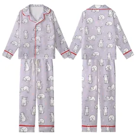 Cat Lovers' Whimsical Lavender Playful White Outline Cartoon Cat Pink Polka Dot Pattern Kid Satin Pajamas Set