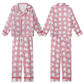 Cat Lovers' Vibrant Bubblegum Pink Whimsical White Cartoon Cat Pattern with Black Outlines & Paw Prints Kid Satin Pajamas Set