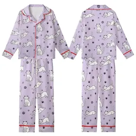 Cat Lovers' Whimsical Flat White Cartoon Cats, Black Paw Prints & Yarn Balls on Light Lavender Pattern Kid Satin Pajamas Set