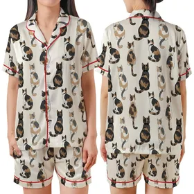 Cat Lovers' Seamless Illustrative Cats Pattern Warm Brown Tan Grey Black White Calico Tortoiseshell Bow Ties Cream Satin Short-Sleeve Pajamas Set
