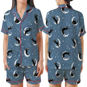 Cat Lovers' Whimsical Muted Blue Black Cat Playful Starry Moon Seamless Pattern Satin Short-Sleeve Pajamas Set