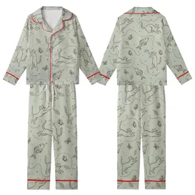 Cat Lovers' Whimsical Hand-Drawn Sketchy Cats Dark Brown Line Art Pale Sage Green Seamless Pattern Kid Satin Pajamas Set