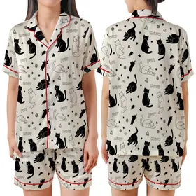 Cat Lovers' Whimsical Hand-Drawn Black Doodle Cats Soft Cream Seamless Pattern, Stars, Fishbones, Yarn, Meow Purr Satin Short-Sleeve Pajamas Set
