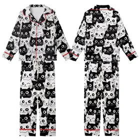 Cat Lovers' Black & White Minimalist Cartoon Cat Face Dense Seamless All-Over Print Kid Satin Pajamas Set
