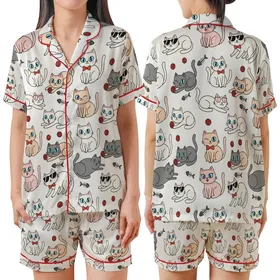 Cat Lovers' Whimsical Flat Cartoon Cats Seamless Pattern with Red Bow Ties, Pink Sunglasses, Yarn Balls, Off-White, Pink, Grey Hues Satin Short-Sleeve Pajamas Set