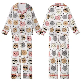 Cat Lovers' Kawaii Cat Faces All-Over Print: Pink, Beige, Grey Cats with Bow Ties, Heart Sunglasses Kid Satin Pajamas Set