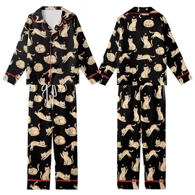 Cat Lovers' Whimsical Black Seamless Pattern with White & Orange-Tan Flat Cartoon Cats & Pink Accents Kid Satin Pajamas Set