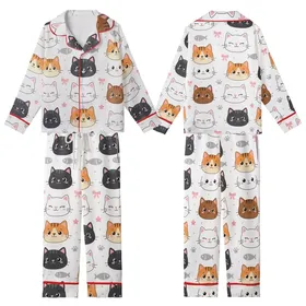 Cat Lovers' Whimsical Cartoon Cat Faces, Minimalist Feline Art, Pink Bows & Paw Prints Pattern on White Kid Satin Pajamas Set