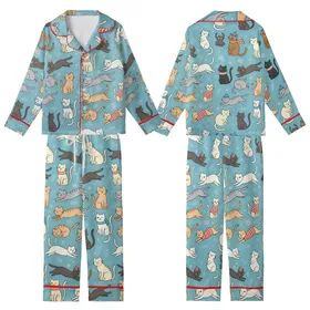 Cat Lovers' Whimsical Illustrative Feline Seamless Pattern, Robin's Egg Blue, Cream Gray Ginger Cats, Flat Art Style Kid Satin Pajamas Set