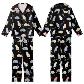 Cat Lovers' Seamless Black Playful Cartoon Cats Beige Blue-Grey Flat Art Whimsical 'Cute Cat' Pattern Kid Satin Pajamas Set