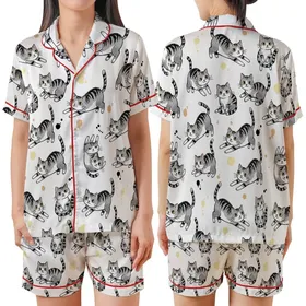 Cat Lovers' Whimsical Smiling Cartoon Kittens Black White Grey Striped Shaggy Fur Ink Splatter Sketch Art Satin Short-Sleeve Pajamas Set