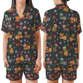 Cat Lovers' Whimsical Flat Cartoon Kittens Festive Christmas Santa Hats Snowflakes Dark Grey Pattern Satin Short-Sleeve Pajamas Set