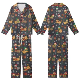 Cat Lovers' Whimsical Flat Cartoon Kittens Festive Christmas Santa Hats Snowflakes Dark Grey Pattern Kid Satin Pajamas Set