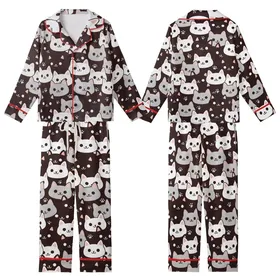 Cat Lovers' Playful Cartoon Feline Faces Seamless Pattern Dark Brown White Pink Kid Satin Pajamas Set