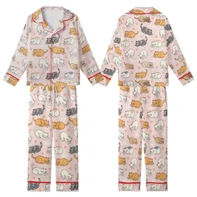 Cat Lovers' Whimsical Pink Cartoon Cat Pattern, Diverse Felines with Orange Paw Prints & Fish Skeletons Kid Satin Pajamas Set