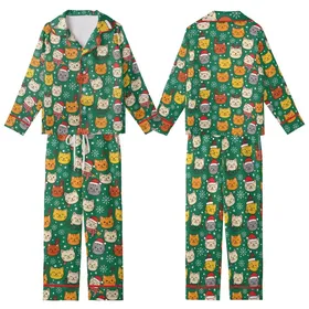 Cat Lovers' Vibrant Emerald Green Flat Graphic Cartoon Cat Faces Festive Santa Elf Hat Antlers Snowflakes Pattern Kid Satin Pajamas Set