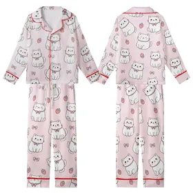 Cat Lovers' Adorable Plump Pastel Pink Cartoon Cats Strawberry Bow Pattern Kid Satin Pajamas Set