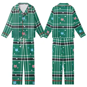 Cat Lovers' Bold Green Black White Tartan Plaid Pink Blue Stylized Cat Heads & Paw Prints Graphic Kid Satin Pajamas Set