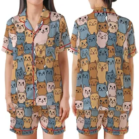 Cat Lovers' All-Over Seamless Cute Expressive Cartoon Cats Pattern, Flat Vector Art, Peach, Blue, Caramel, Pink on White Satin Short-Sleeve Pajamas Set