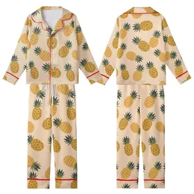 Playful Tropical Design: Golden Pineapples, Olive Hearts on Pale Peach - Fabric Art Kid Satin Pajamas Set